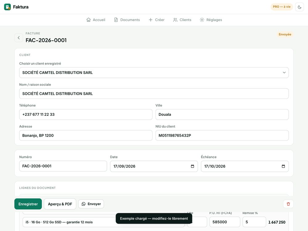 Éditeur de facture Faktura : lignes d'articles, remise, TVA et totaux calculés en direct.