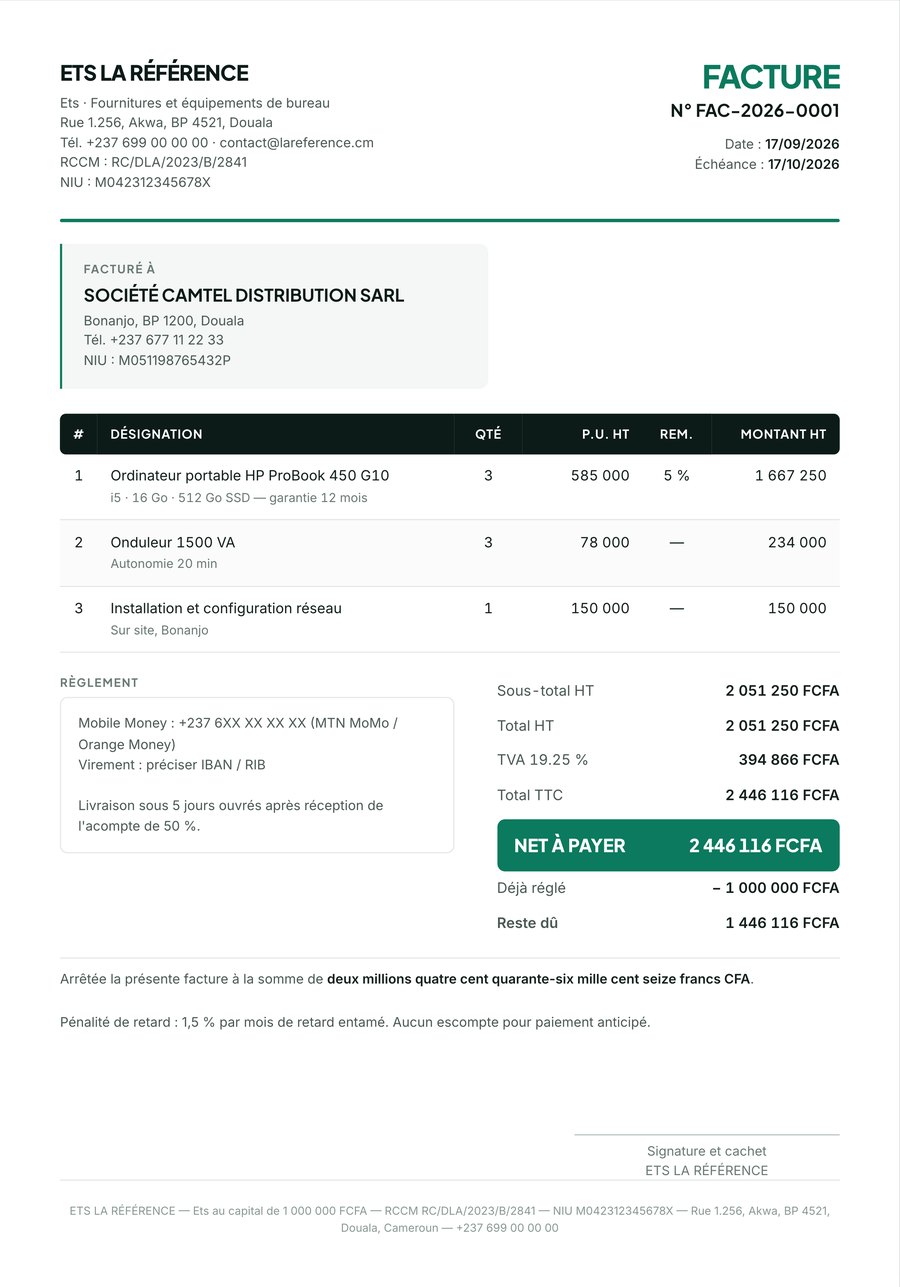 Détail d'une facture Faktura : totaux HT, TVA 19,25 %, net à payer en vert et montant en toutes lettres.
