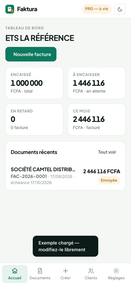 Tableau de bord Faktura sur téléphone : encaissé, à encaisser, factures en retard.